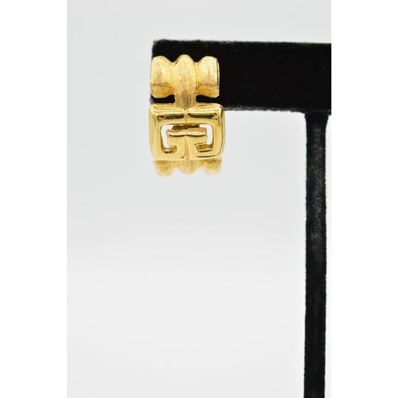 Givenchy Vintage Logo Clip On Earrings GG Brushed Gold Hoop 80s Signed AS IS 9D - Picture 5 of 10